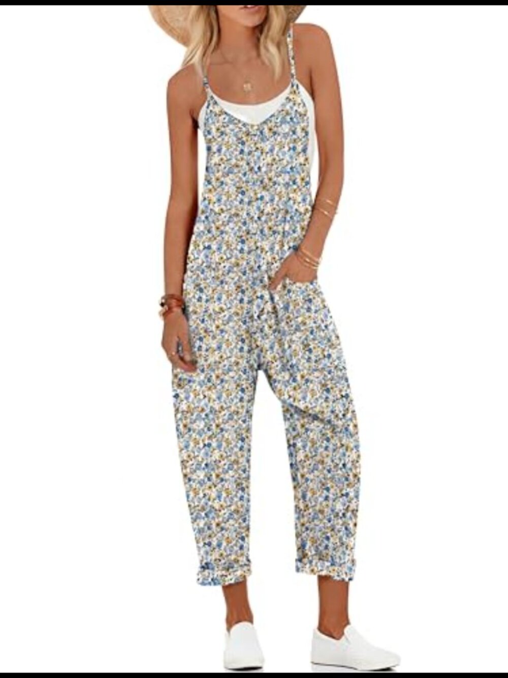 Women Sleeveless Jumpsuit V-Neck Spaghetti Strap Baggy Harem Pants with Pockets